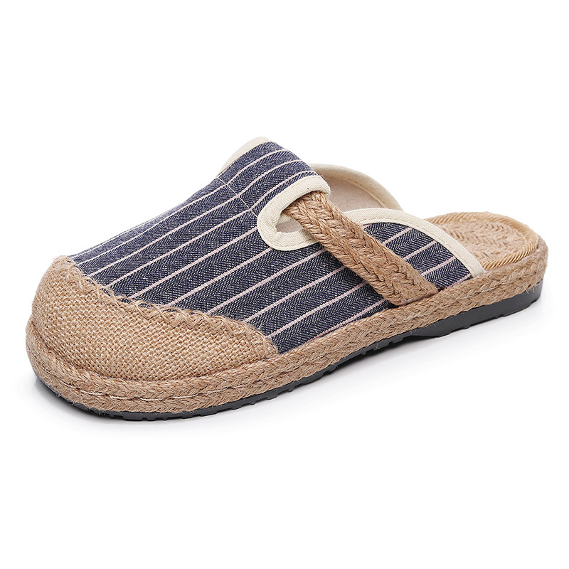 Picture of 2025 new vertical strip home cotton and linen embroidered shoes women's non-slip tpr soft bottom slippers handmade big toe shoes