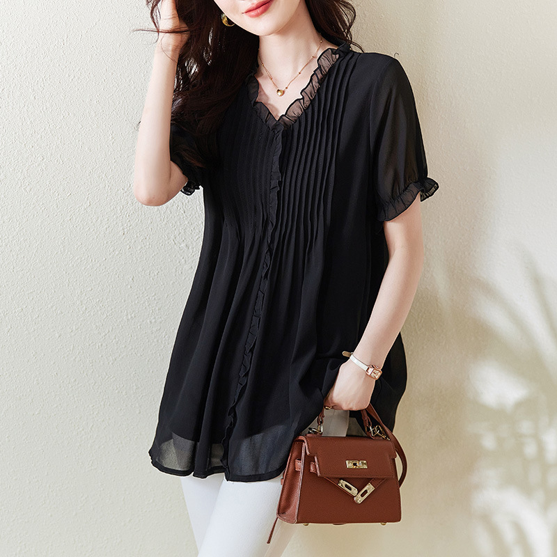 Real shot small video plus size women's 2025 summer new slim belly covering jacket design sense chiffon shirt temperament