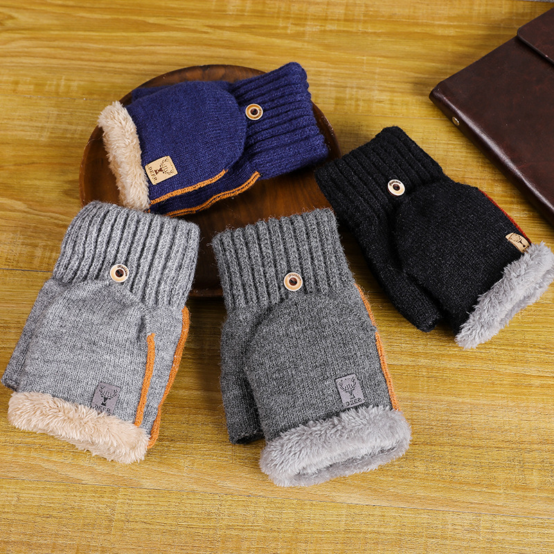 Gloves for Men's Winter Students Writing Flip Cover with Velvet Thickened Northeast Cold-proof Warm Knitted Wool Half-finger Cycling