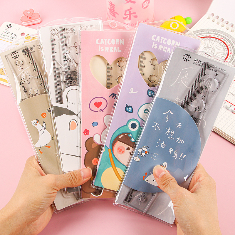 Picture of Student Cartoon Set of Rulers, Cute Children's Stationery, Multifunctional Ruler Set, Triangle Plate, Protractor, Ruler Wholesale