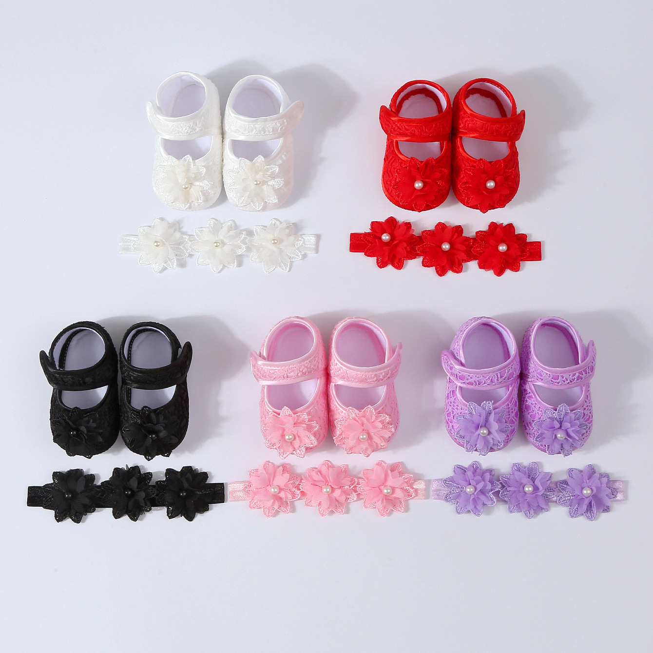 Baby flower pearl bow dispensing toddler shoes hair band suit color matching baby dispensing non-slip shoes 0-1Y