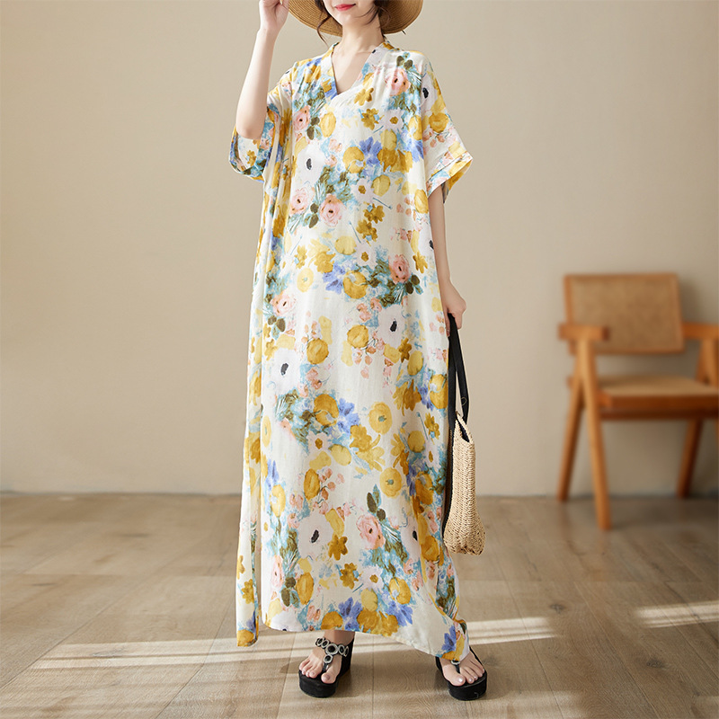 Foreign trade 2024 Summer V-neck thin plus size loose artistic holiday style beach dress retro meat covering long dress