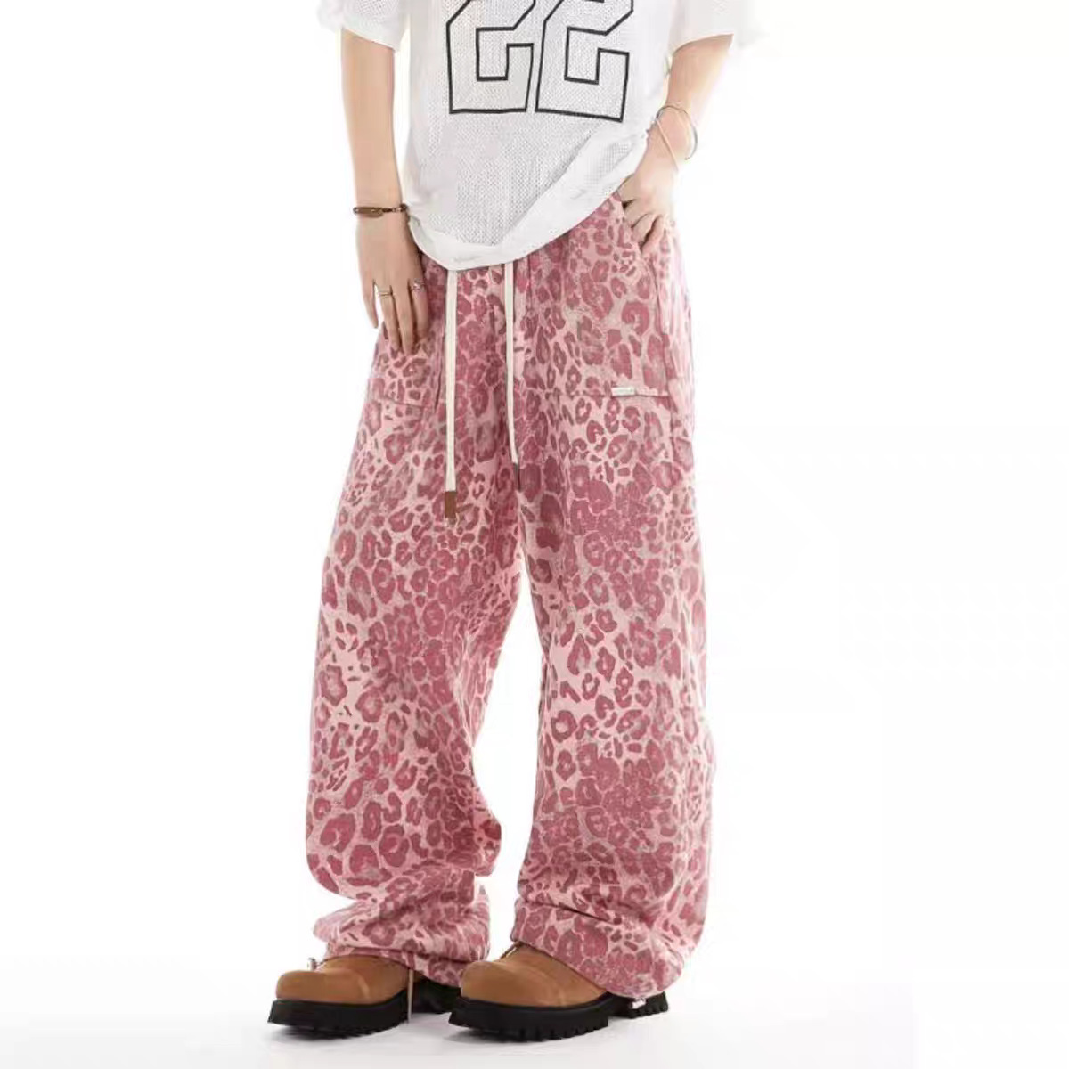 Leopard Print Pants Women Cargo Pants American Retro Trendy Hip-Hop Street Dance Loose Straight Pants Versatile American Workwear Style