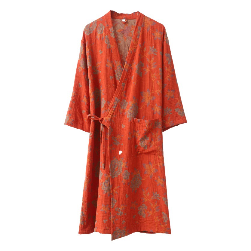 Spring and Summer Pure Cotton Yarn-dyed Jacquard Gauze Chinese Style Partial-breasted Bathrobe Bathrobe Pajamas Home Clothes Women's Absorbent Skin-friendly Outer Wear