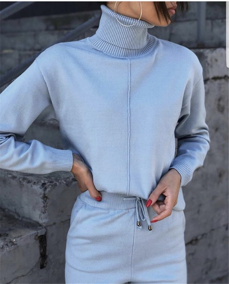 Women's Knitted Pullover Sweater + Trouser Suit Sportswear Middle One Line Wool Knitted Suit Rib Leg