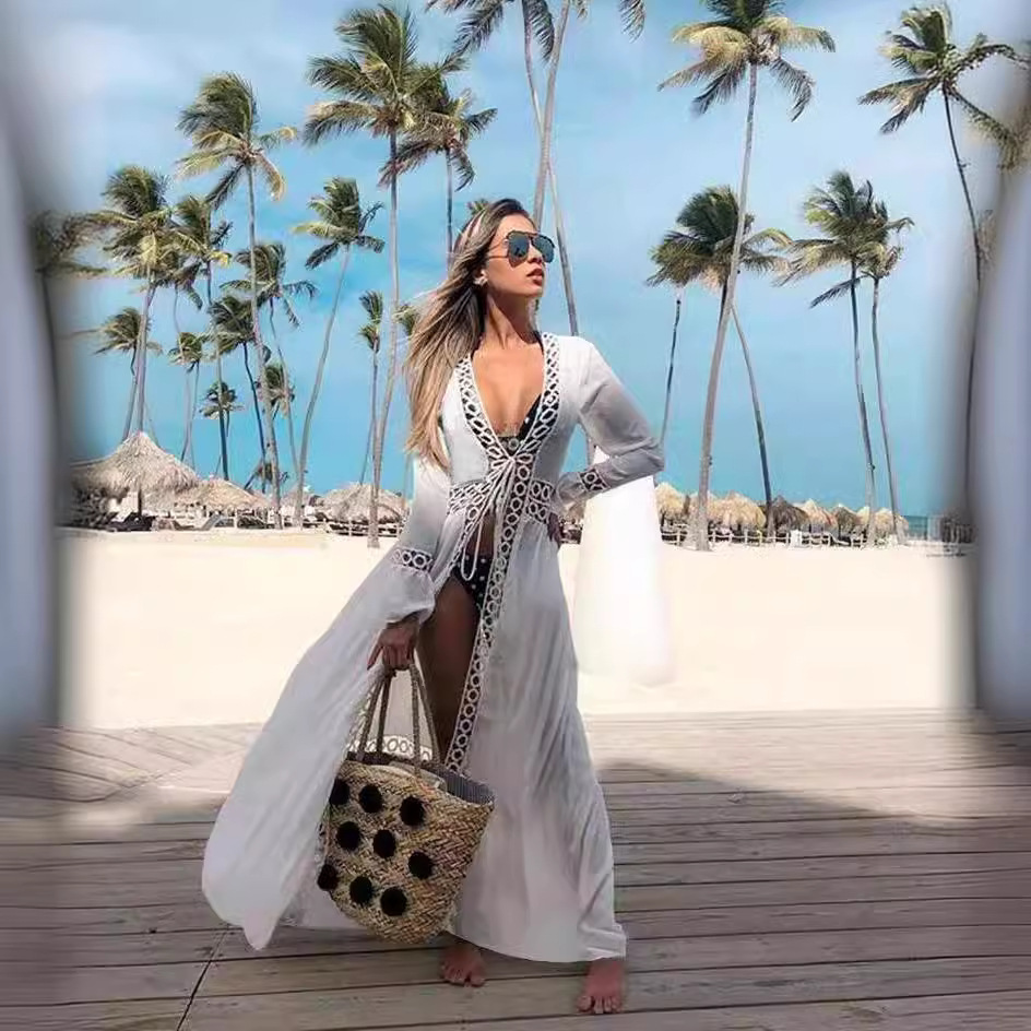 Picture of Seaside Holiday Bikini Blouse Loose Long Beach Dress Man Cotton Outer Sun Protection Hot Spring Swimsuit Shawl Cardigan