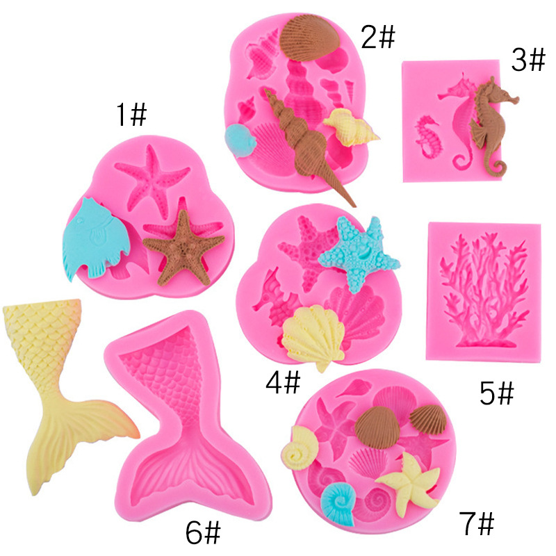 Fantang Ocean Series Conch Shell Fishtail Starfish Hippocampus Coral Cake Mold 7 Combination Set Mold