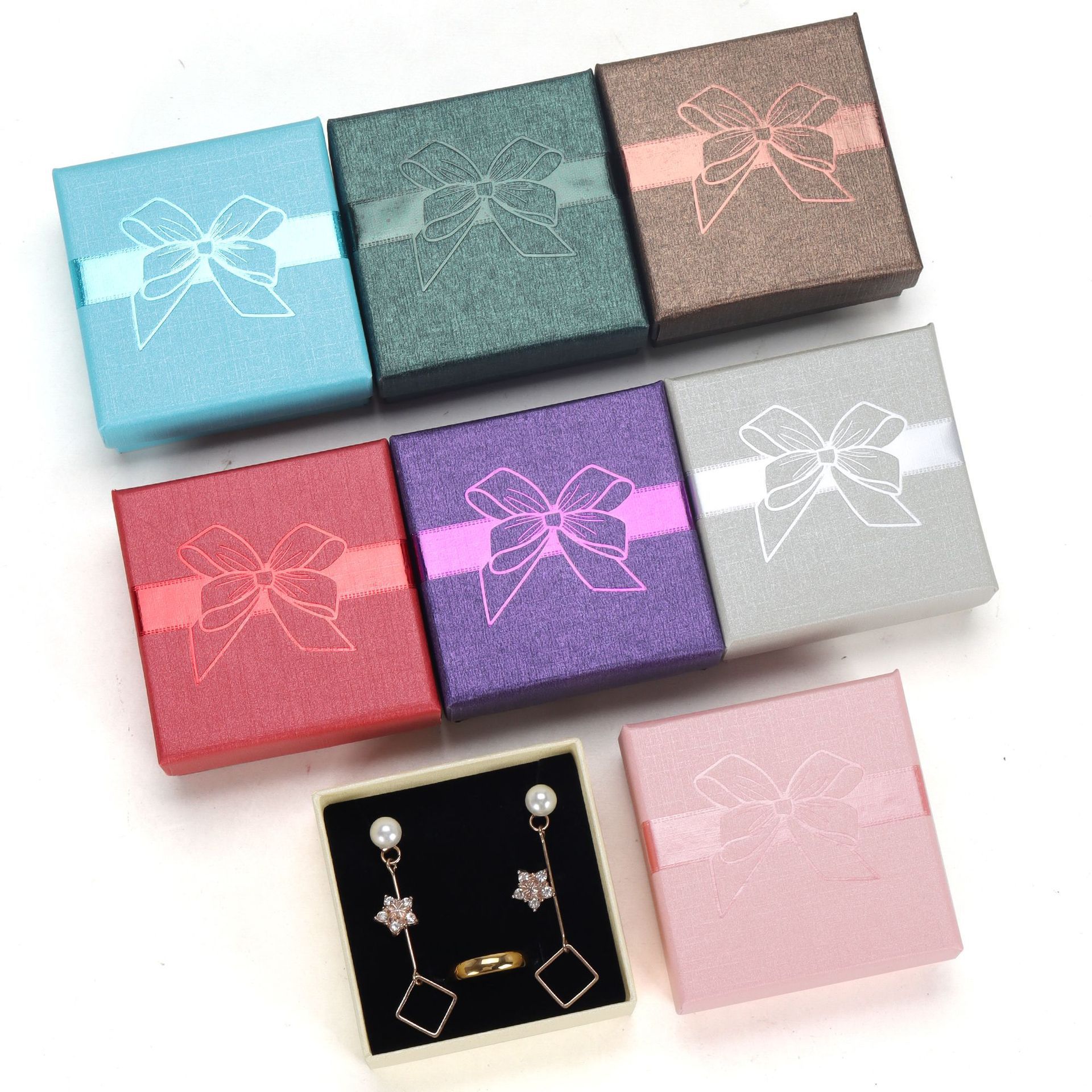 Jewelry Packaging Paper Box with Bow, Square Lid Gift Box for Rings, Earrings, Bracelets, and Necklaces, Empty Packaging Box