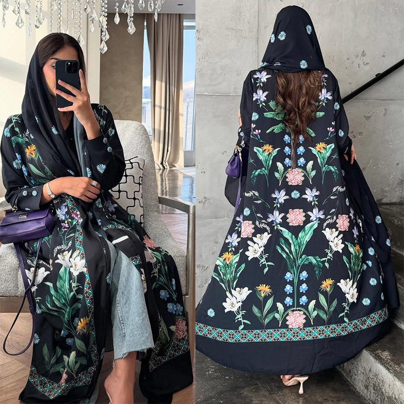 Picture of MQ236 Middle Eastern Robes Muslim Women's Fashion Print with Turban Casual Cardigan Abaya Large Swing Coat