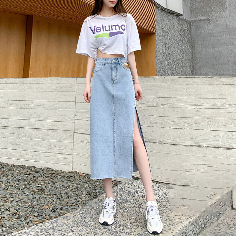 Side slit Denim skirt for women 2023autumn and winter New High waist A- line mid-length versatile loose hip skirt