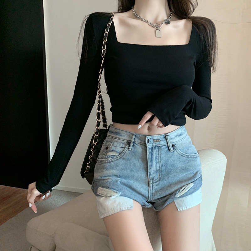 Picture of Square Collar Pure Color T-Shirt for Women 2025 Spring & Fall Long-Sleeved Pure Color Short T-Shirt for Women Slim Fit with Square Collar Top Export