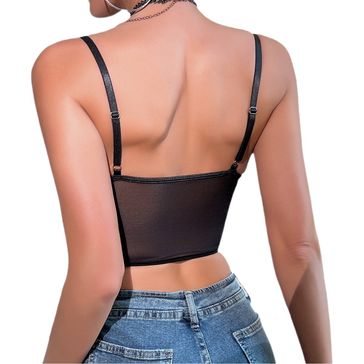 Cross-border Fashion Sexy Nightclub Style Sequins Fishbone Steel Ring Gathering Perspective Navel Hot Girl Slim-Fit Small Vest