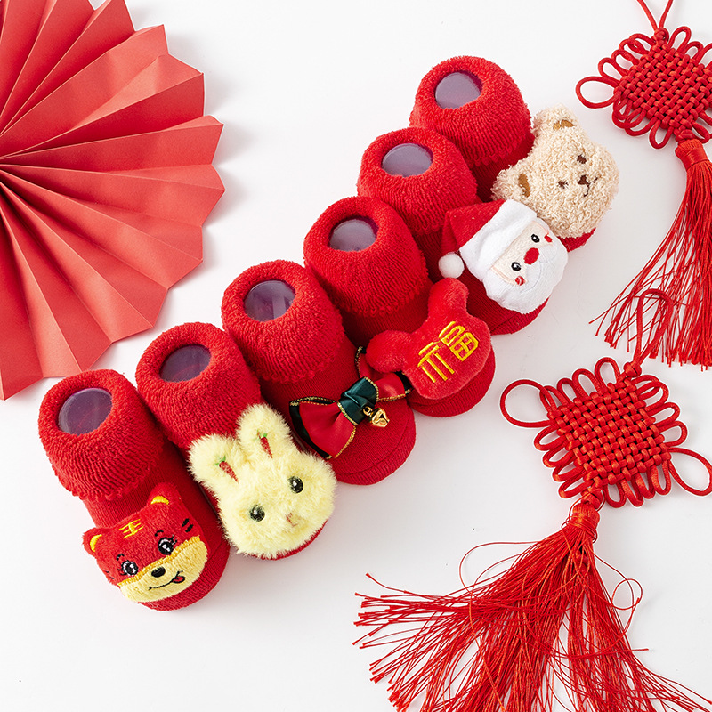 Baby Thick Fleece Winter Warm terry socks for newborn baby Christmas red non-slip floor mid-tube gift socks