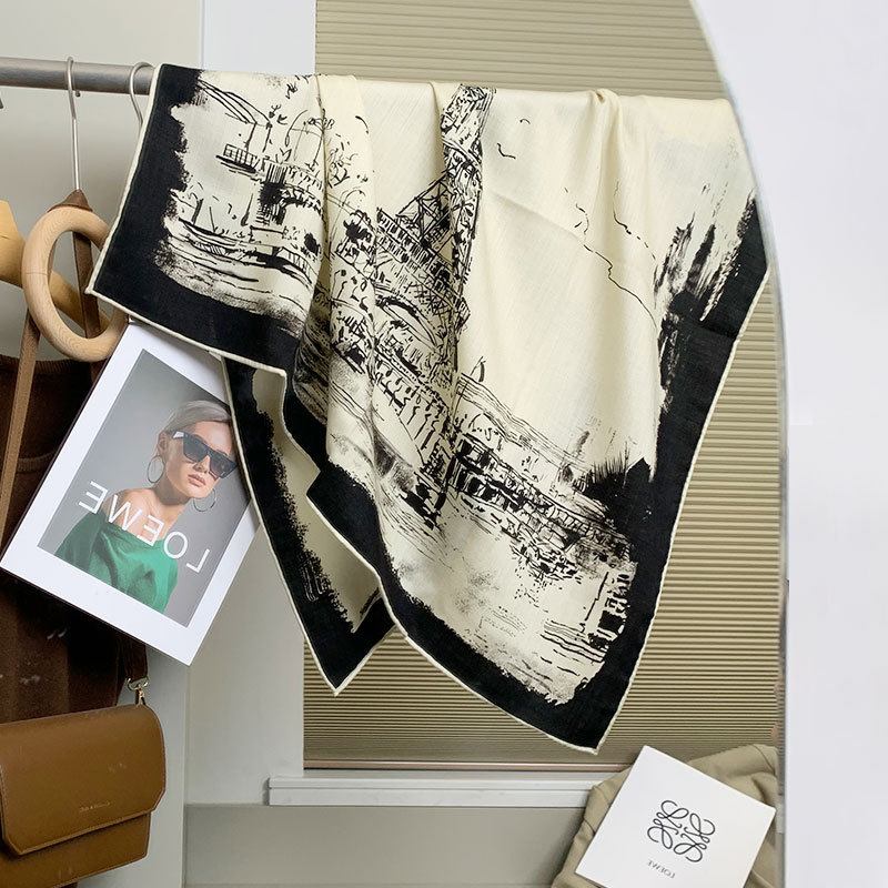 Double-sided Ink Print Silk Wool Scarf Women's Ins High-grade Eiffel Iron 90 Large Square Decorative Shawl Trendy