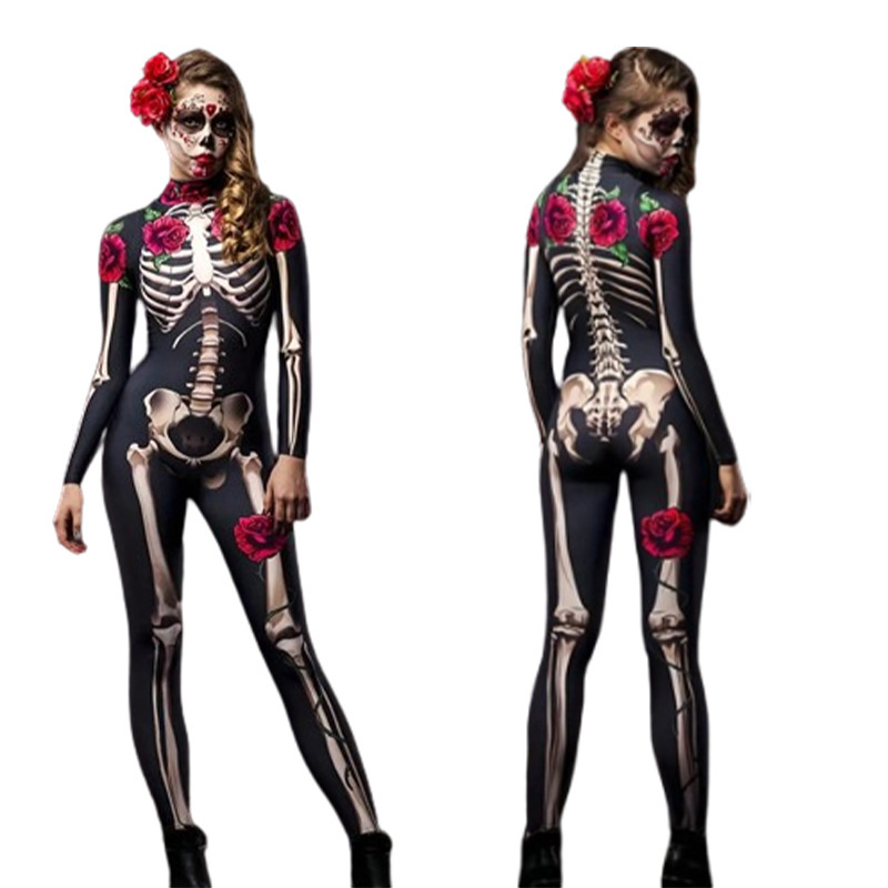 Halloween European and American Horror Skull Rose Skeleton Jumpsuit Cosplay Costume Children's Clothing Adult Women Ready Stock