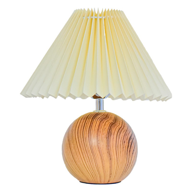 Nordic Vintage Ceramic Table Lamp Pleated Bedroom Bedside Lamp Advanced Sense Imitation Wood Ins Decorative Ambient Night Light