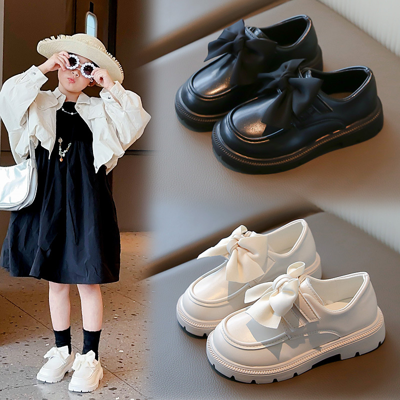 Girls Shoes 2024 Spring New Children's Bow Princess Shoes British Style Soft Bottom Baby Black Leather Shoes