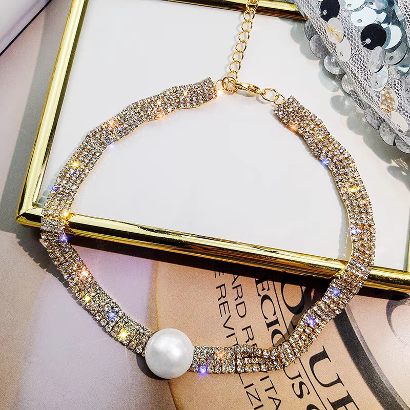 Picture of Light Luxury Full Diamond Simple Short Necklace for Women, Elegant Collarbone Chain Choker Trendy Neck Accessory with Pearls