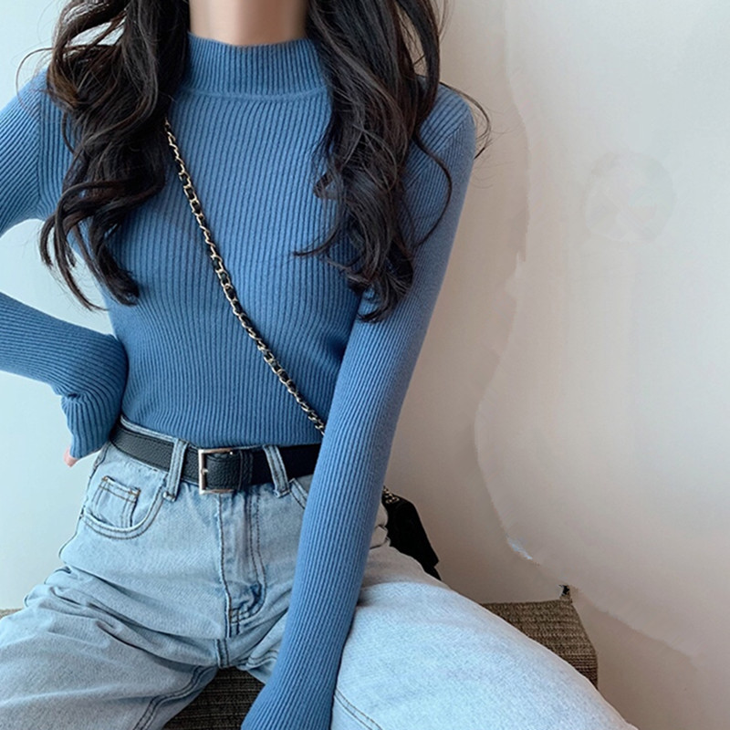 Autumn and Winter New Style Inner Long-Sleeved Top Half Turtleneck Sweater Base-Layer Shirt Slim-Fit Knitwear for Female Students Korean Style
