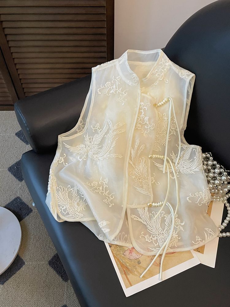 New Chinese Style National Style Embroidery 2024 Summer New Collar Vest Women's Summer Tang Dress Lace Stitching Vest Top