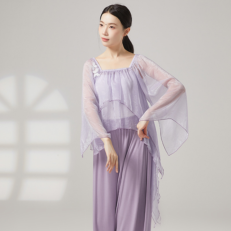 Classical Dance Clothing for Women, Loose Fairy-Like Flowing Gauze Clothing, Chinese Dance Practice Clothing, Body Performance Clothing Tops