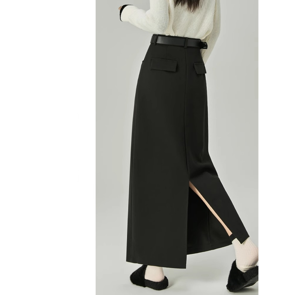 Autumn and winter thickened gray woolen skirt women's plus size plump m high waist A- line slit long step hip straight skirt