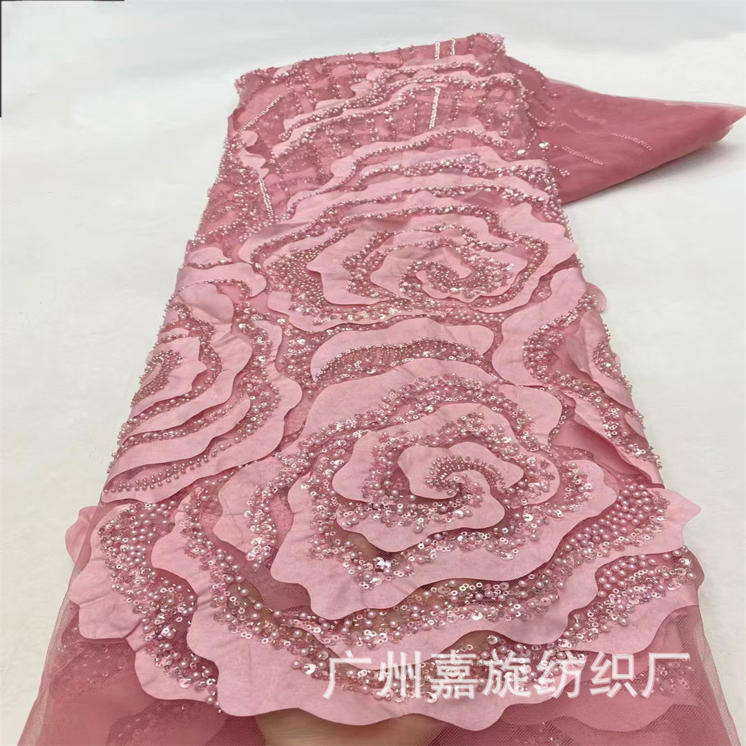 African Clothing Skirt Stereo Large Rose Embroidered Mesh Fabric Sequin Sequin Embroider Lace Evening Dress Fabric
