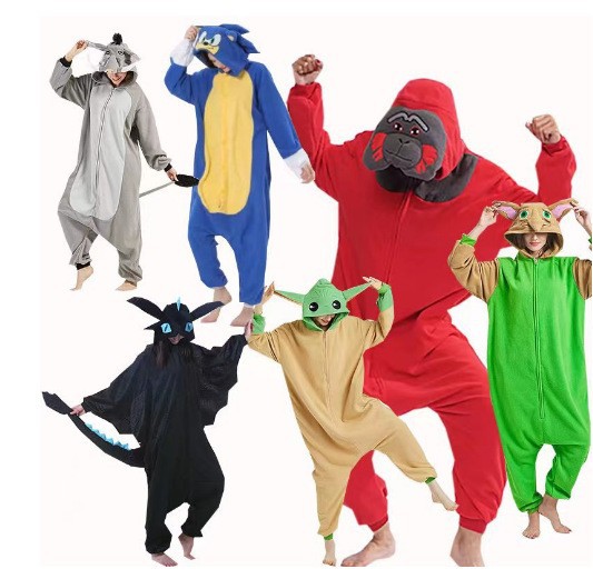 Cross-border new hot flannel blue cat monster night brake pajamas cartoon animal one-piece pajamas parent-child couple homewear