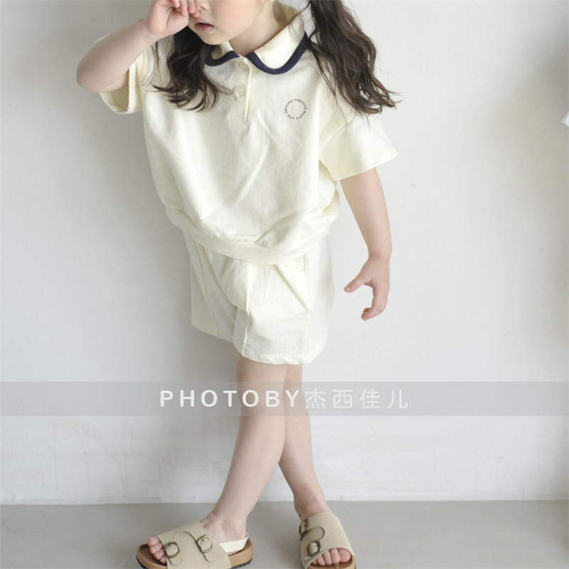2024 children's clothing Korean children's summer suit for boys and girls cute lapel short sleeve T-shirt shorts two-piece set