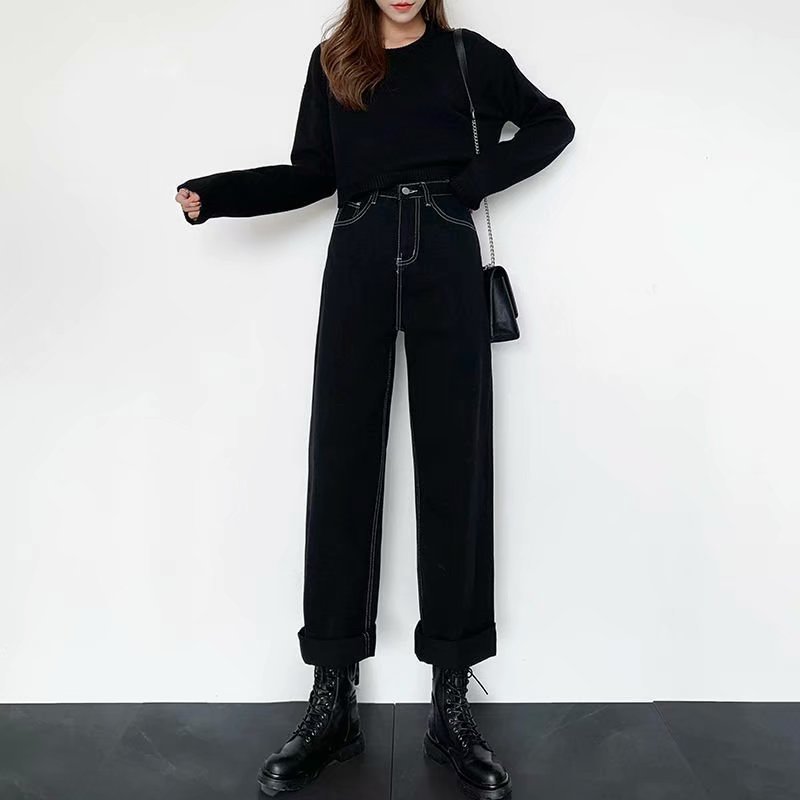 Black Jeans Women's Autumn Korean Design Sense Loose Straight Pants High Waist Wide Leg Pants
