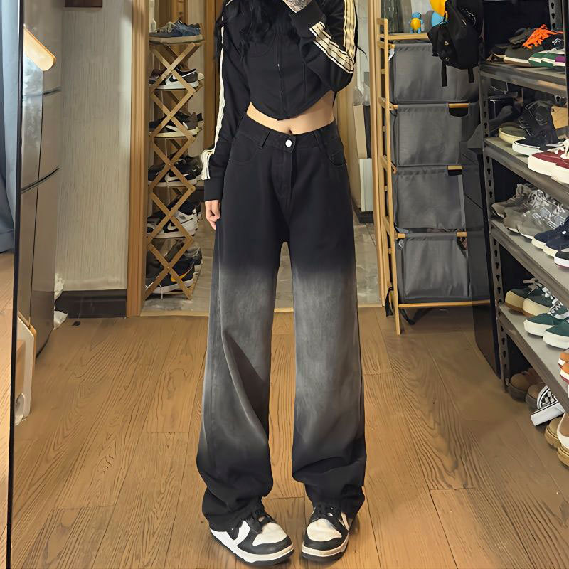 Jeans Women's Pear Shaped Body Small Black Grey High Waist Design Contrast Color Loose Gradient Straight Leg Wide Leg Trousers