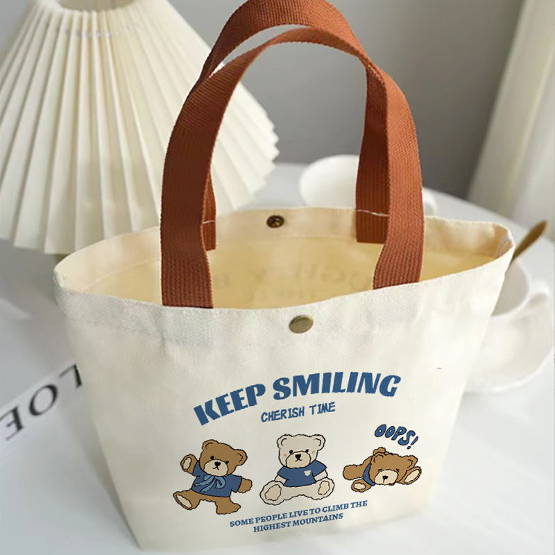 Bear Canvas Bag Small Handbag Female Student Lunch Box Bag Simple Handbag Canvas Bag Office Worker Lunch Bag