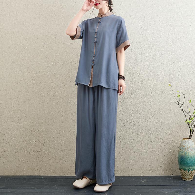 Picture of 2024 Summer New Chinese Style Retro Loose Slim Casual Temperament Zen Tea Wear Yoga Wear Tai Chi Suit for Women