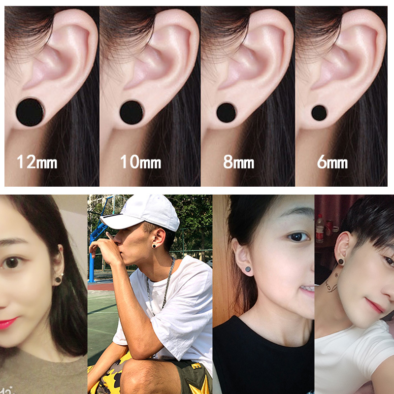 Picture of Trendy men's iron-absorbing stone ear clip earrings men's non-earhole black titanium steel ear clip round children's magnet false earrings double-sided