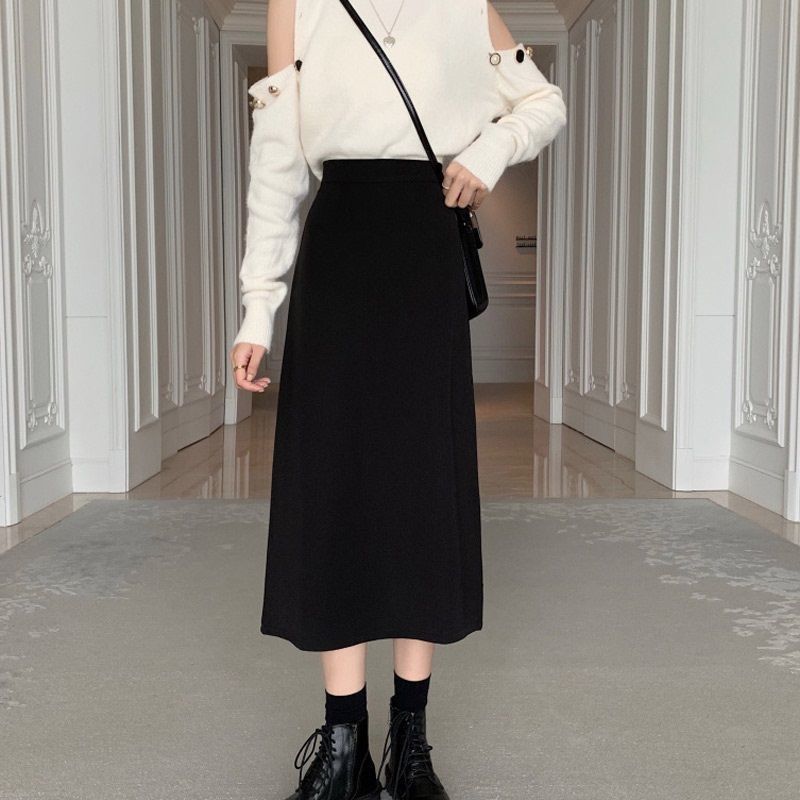 Picture of 2022 Summer Suit Skirt for Chubby Girls Large Size Meat Covering New High Waist A- Line Skirt Mid-Length Rear Split One-Step Skirt
