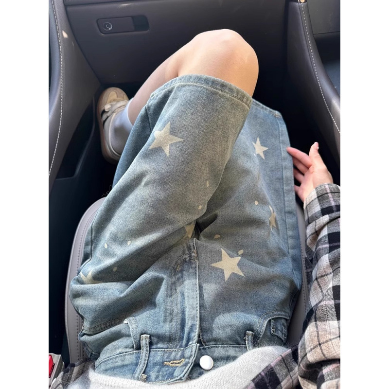American-Style Star Denim Short Women's 2025 New Spring and Summer Trendy Brand Straight Loose Petite Five-Point Wide-Leg Pants
