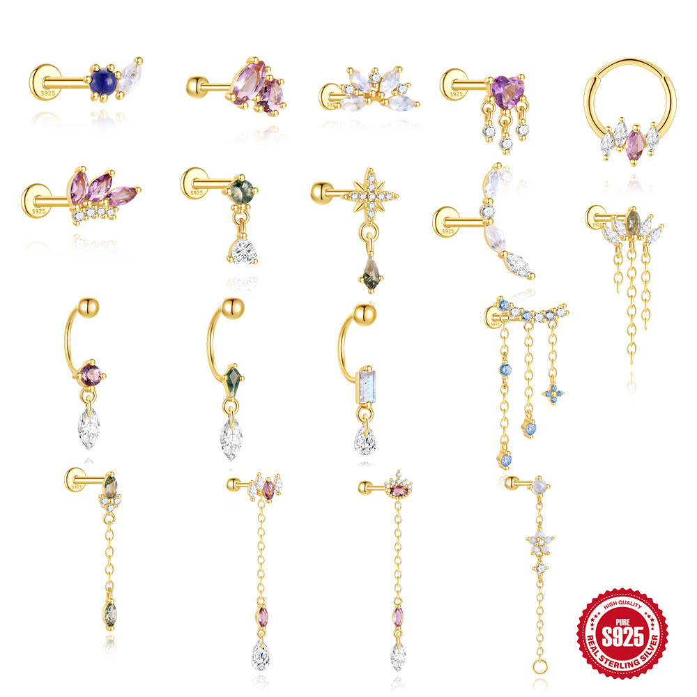 New S925 Sterling Silver Eight-Pointed Star Kite-Shaped Water Grass Agate Piercing Ear Bone Nail with Small and Exquisite Elegant