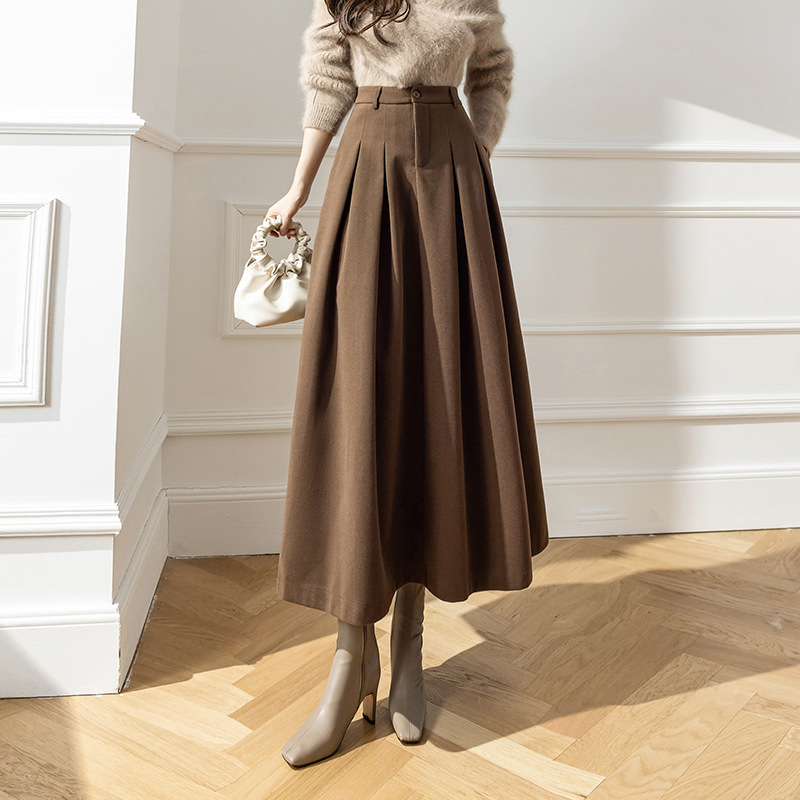 2024 winter new high waist woolen cloth large swing pleated crotch slim wool long skirt long skirt
