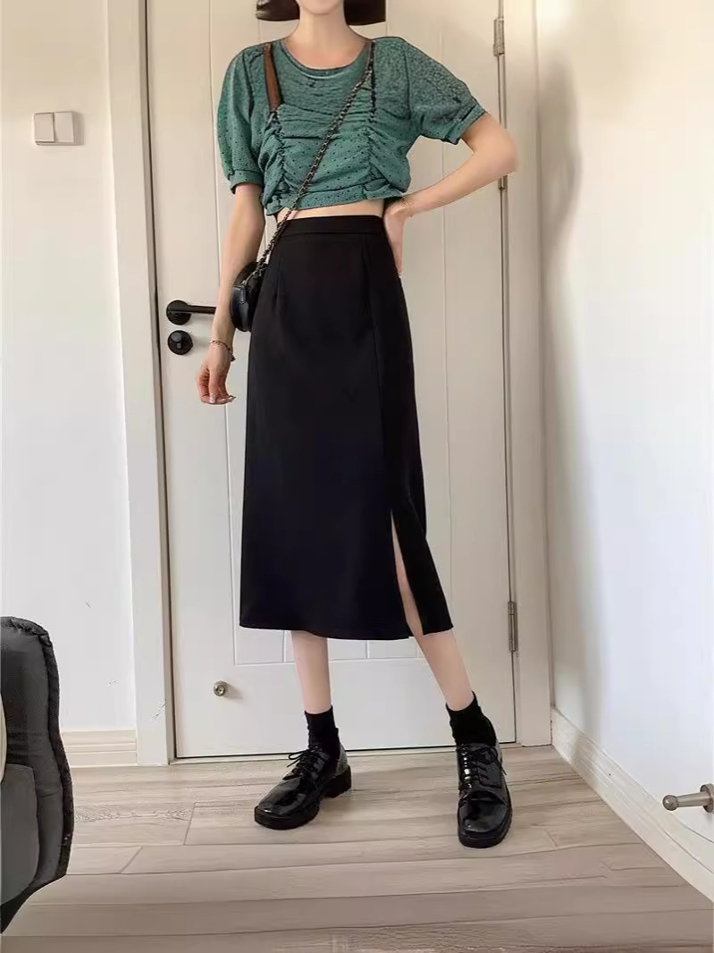 Black Skirt Women's Dipped Skirt Split Mid-Long Spring and Summer Design High Waist Small A- Line Over-the-Knee Long Skirt