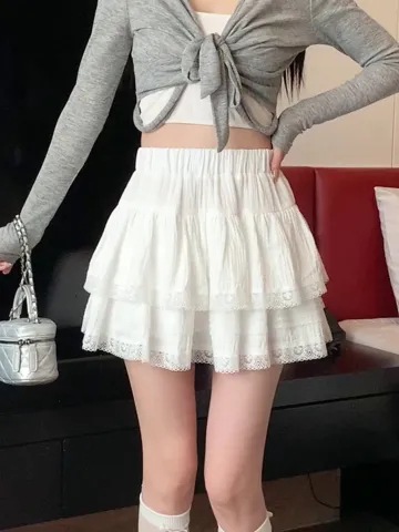 Sweet French Cake Skirt Women's Summer Slimming Super Fairy Anti-Glow Pouted Skirt High Waist Slimming Lace A- Line Skirt