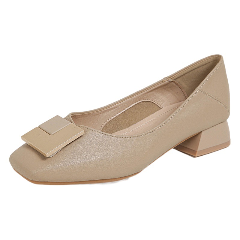 Evening style lady single-layer shoes women's shoes 2023 new popular retro commuter soft leather square toe mid-high heel grandma shoes