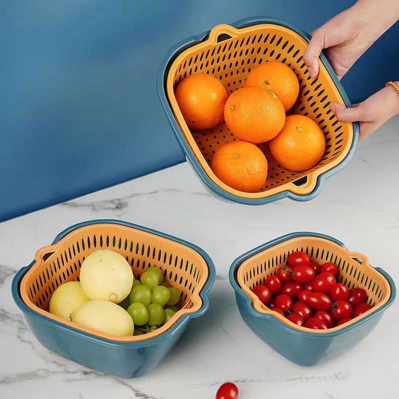 Picture of Vegetable washing basin draining basket 8-piece double-layer household kitchen vegetable basket living room washing fruit plate home Net red chopsticks