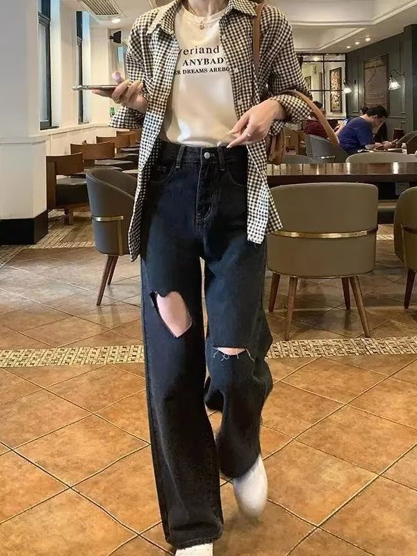 Niche design Love ripped straight jeans women's autumn vintage slimming high waist loose wide leg daddy pants