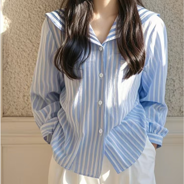 Korean College Style Navy Collar Long Sleeve Striped Shirt Women's Early Autumn Design Sense Niche Fashion Age-reducing Top