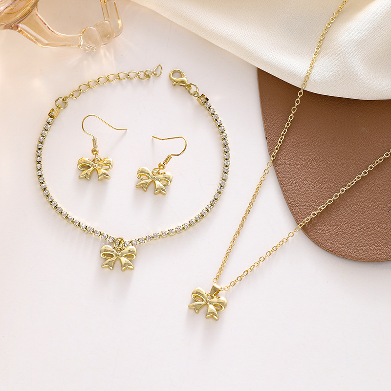 Cross-border European and American Hot-selling Jewelry suit Women's Bow Necklace All-match High-end Instagram Style Bow Bracelet Earrings