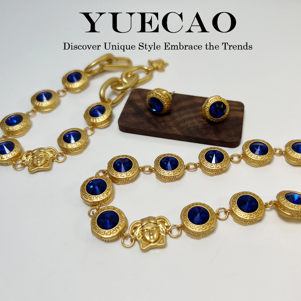 copper gold-plated sapphire suit Cuban clavicle chain cross-border retro cool style marking stud earrings bracelet