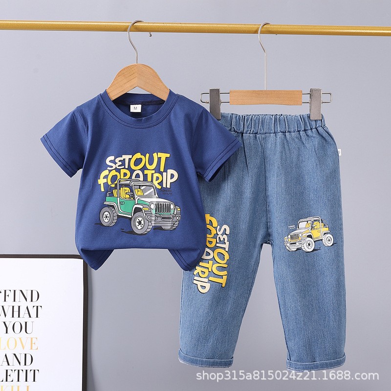 Picture of Summer 2024 new 0-5 years old children's suit cartoon car animal crew neck short sleeve jeans two piece cotton