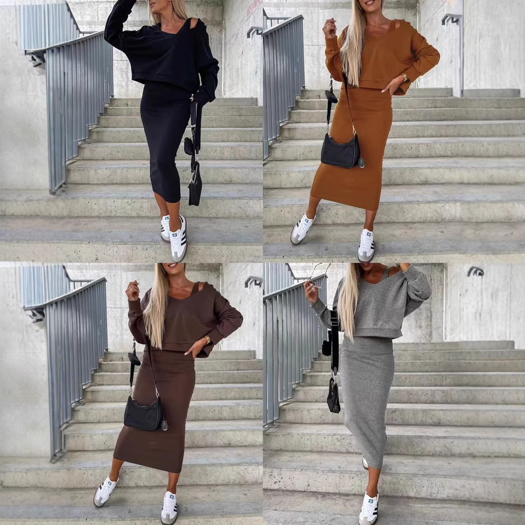 2025 Amazon New Autumn and Winter Two-Piece Set European and American Clothing Vest Skirt V Neck Hooded Sweatshirt Suit Wholesale