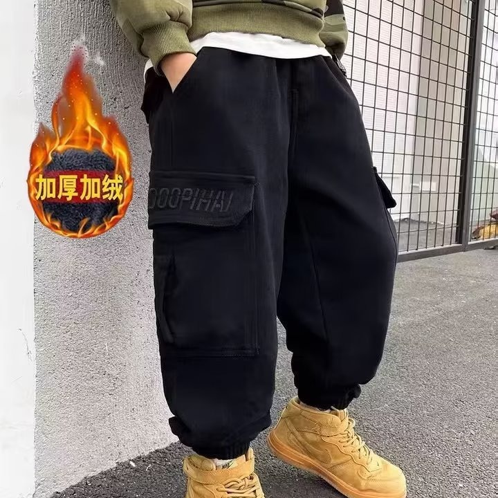 Picture of Winter Boys' Velvet Cargo Pants 2024 New Kidsren's Clothing All-In-One Velvet Casual Pants Winter Clothing Kidsren's Trendy Brand Pants