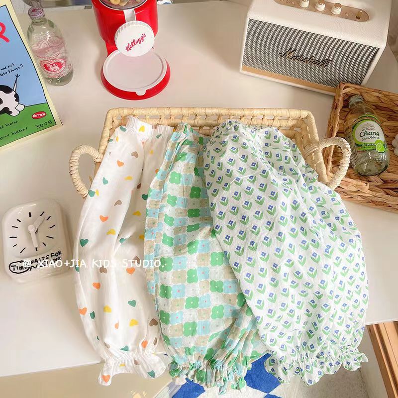 Girls' Holiday Sunscreen Pants Children's Retro Floral Summer All-match Anti-mosquito Pants Summer Printed Mid-waist Beach Pants